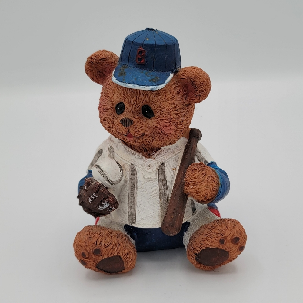 Teddy Bear Baseball Coin Bank Boston B Cap Resin Piggy Bank Kids Room Vintage